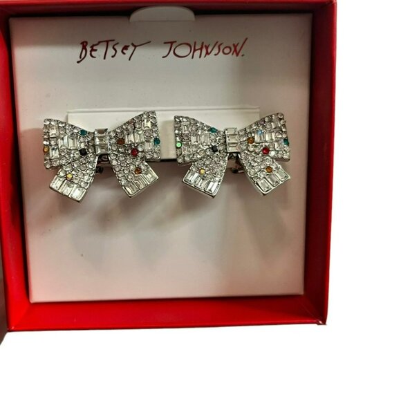NEW BETSEY JOHNSON BOW EARRINGS SILVER POST LEVERBACK SPARKLY WHITE SILVER NWT N - Picture 7 of 7